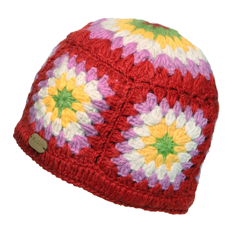 Vintage cap with distressed logo detail -Kusan Granny Square Crochet Beanie Hat - Red