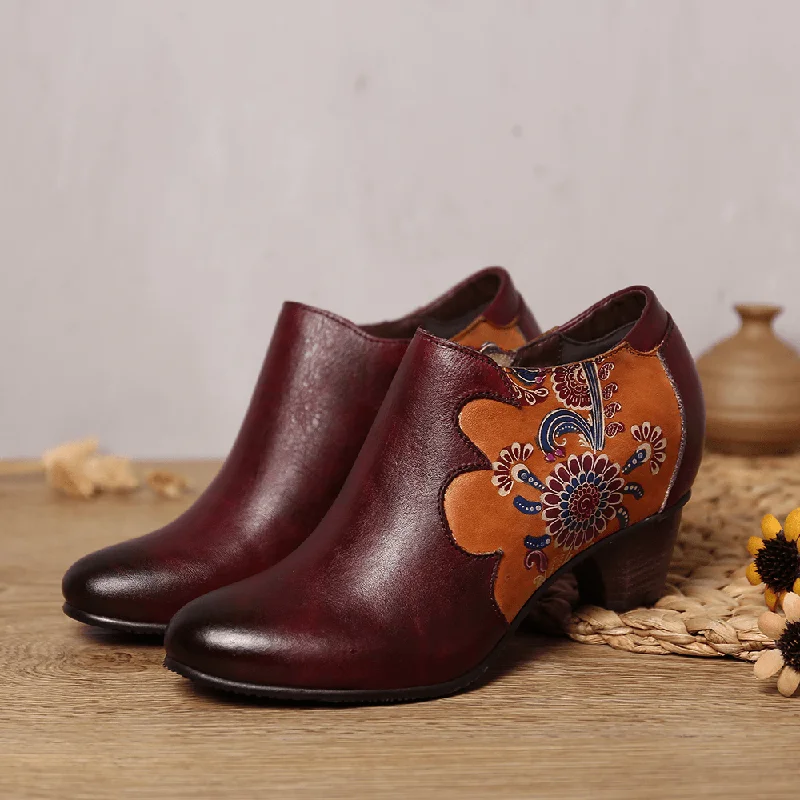 Ladies shoes with durable soles endure wear -Women Hand Painted Flowers Stitching Leather Zipper Pumps