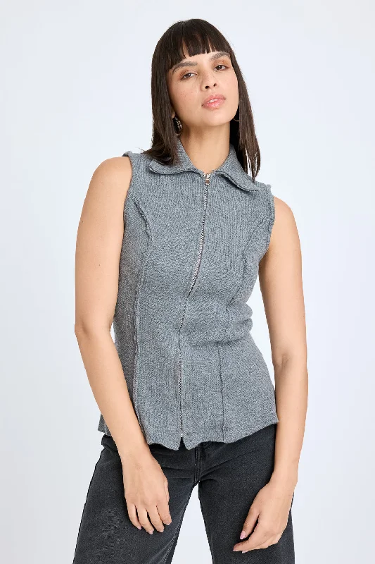 High-End Jackets for Exclusivity -Grey Sleeveless Collared Jacket