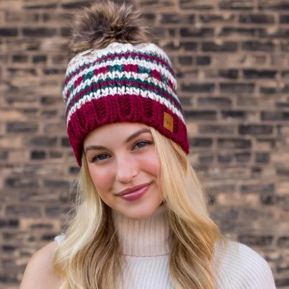 Washed cap with soft vintage feel -Multi Colored Holiday Beige Red Green Knit Faux Fur Pompom Beanie Winter Hat