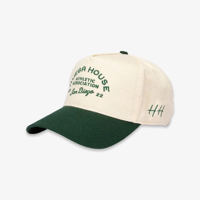 Lightweight running cap for marathon race days -Huega House 'Athletic Association' 2-Tone 5-Panel Snapback Hat Green / Natural