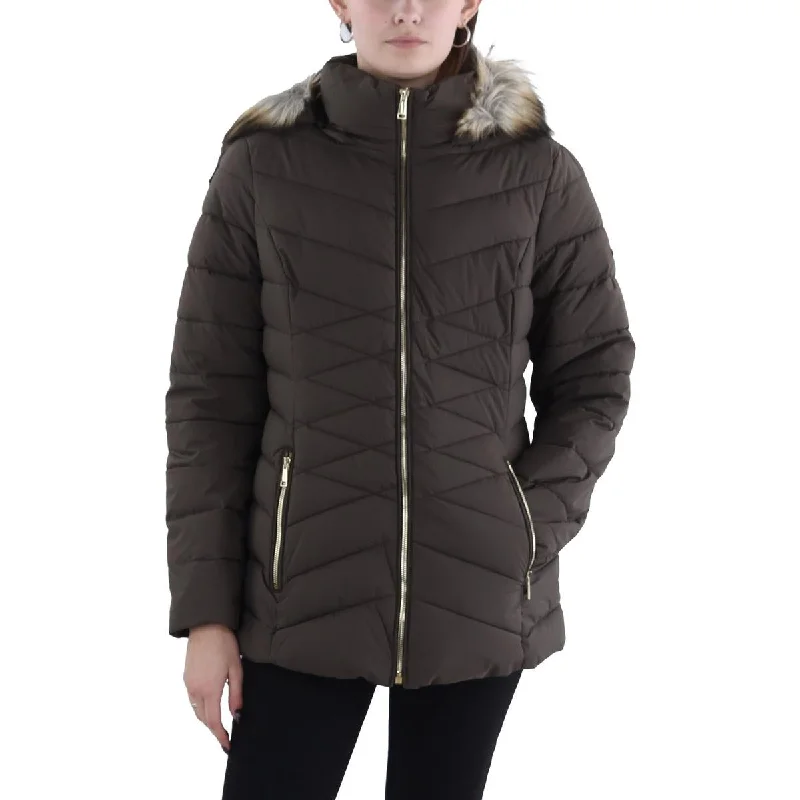 Sustainable Jackets for Eco-Friendly -Laundry by Shelli Segal Womens Faux Fur Trim Hooded Puffer Jacket