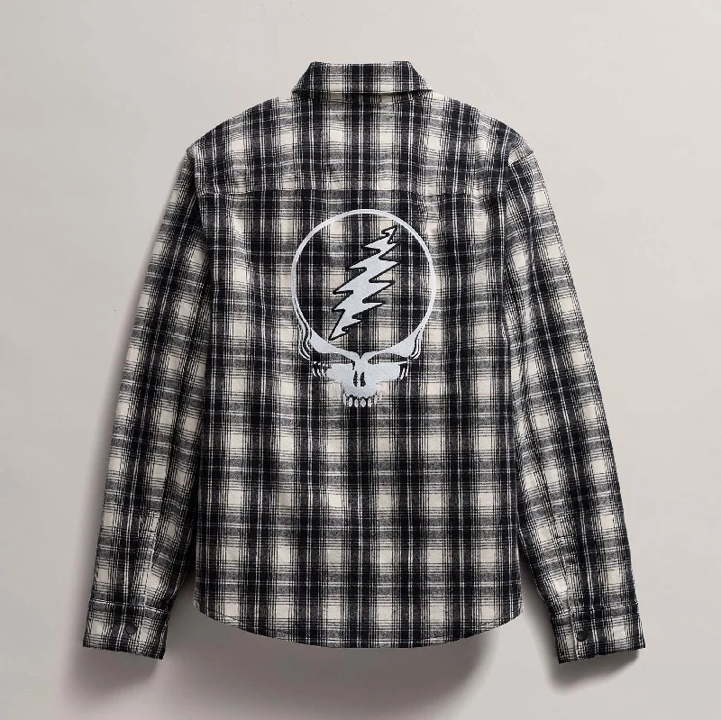 Fringed Jackets for Bohemian -Men's Grateful Dead Sherpa Lined Plaid Jacket - Black/White