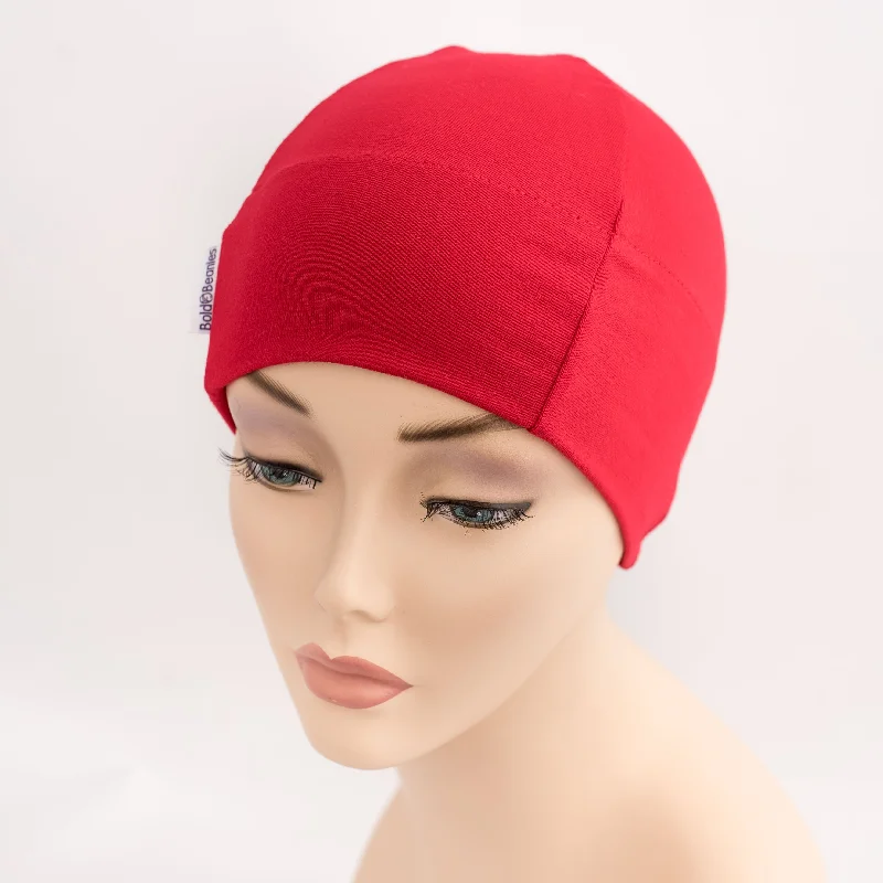 Embroidered cap with custom team initials -Red Plain Bold Beanies Hair Loss Hat