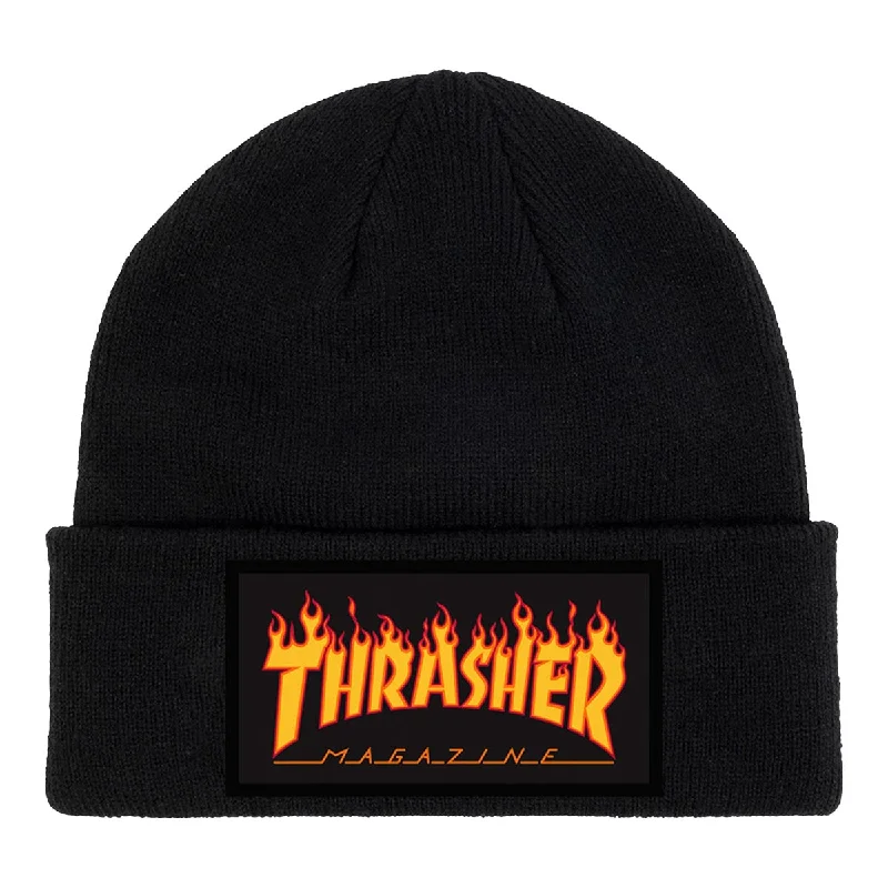 Sports team cap for game day support -Thrasher - Flame Patch Beanie Black