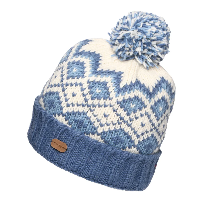 Minimal snapback cap for clean urban style -Kusan Diamond Turn Up Bobble Hat - Blue-Cream