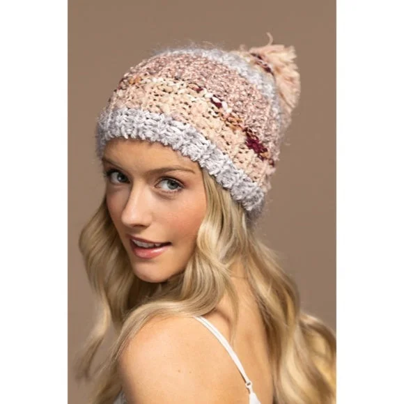 Casual denim cap for laid-back vibes -Blush Cozy Knitted Striped Pompom Winter Knit Beanie Women's Hat Casual Gift