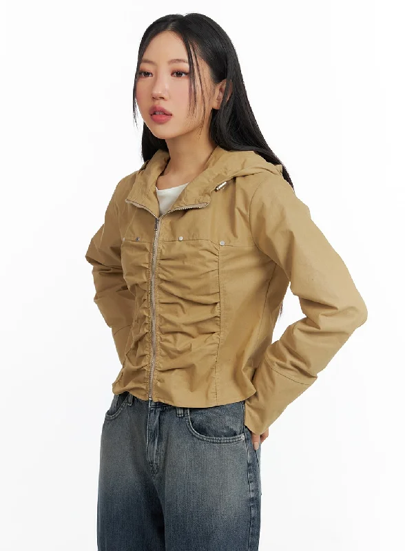 Padded Jackets for Extra Warmth -Shirring Hooded Zip-Up Bomber Jacket CF408