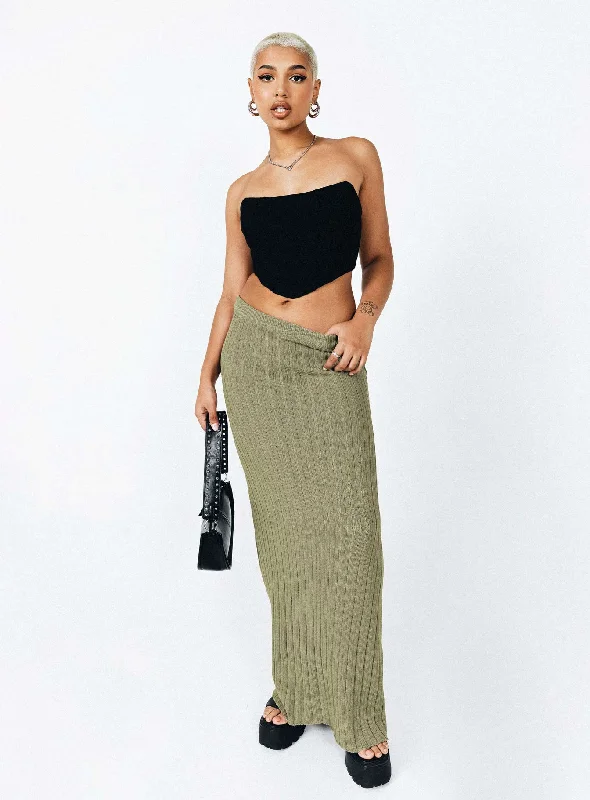 Off Shoulder Mini Dresses for Sexy Look -Belle Knit Maxi Skirt Khaki