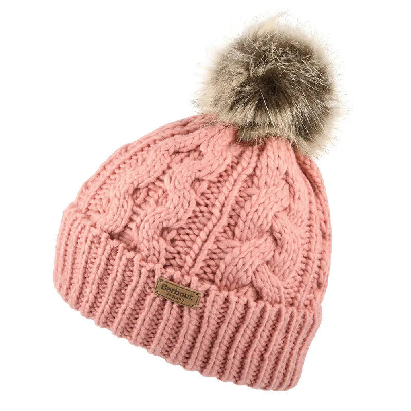 Denim cap with faded wash texture -Barbour Hats Penshaw Cable Knit Faux Fur Pom Bobble Hat - Pink