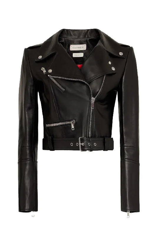 High-End Jackets for Exclusivity -Cropped Biker Jacket - Black