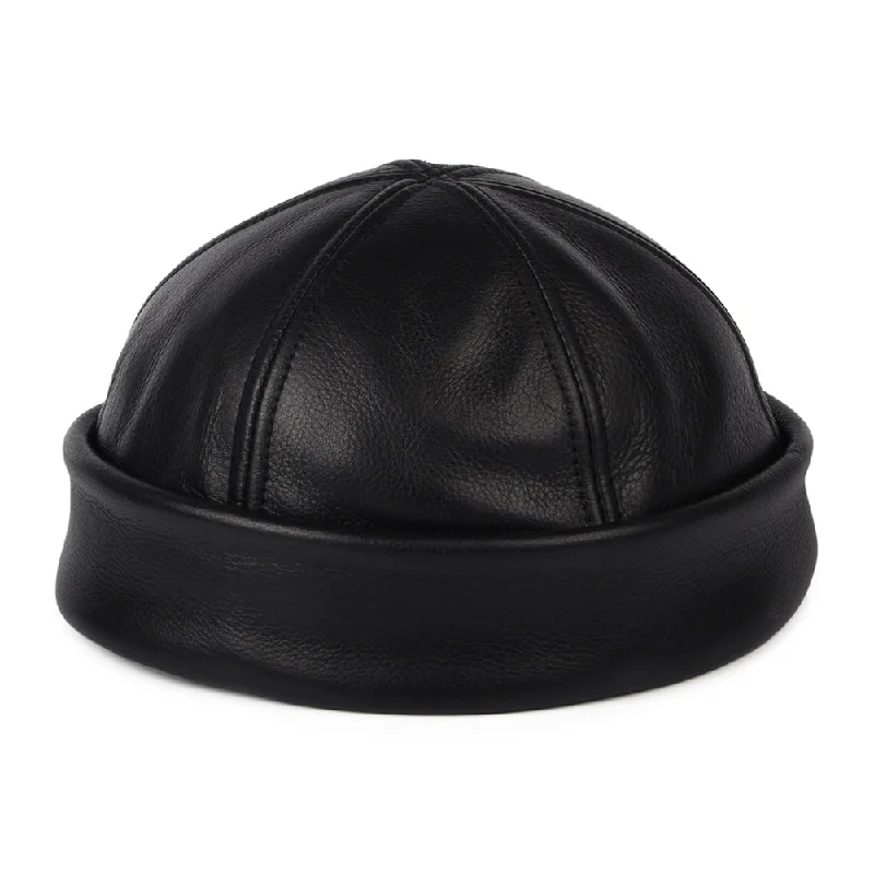 Adjustable snapback cap for easy fit tweaks -New York Hat Company Leather Docker Beanie Hat - Black