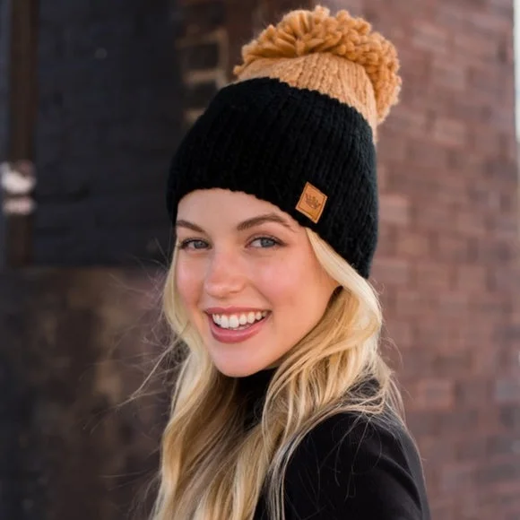 Canvas trucker cap for tough outdoor wear -Black Camel Colorblock Knit Fleece Lined Pompom Women's Beanie Winter Hat