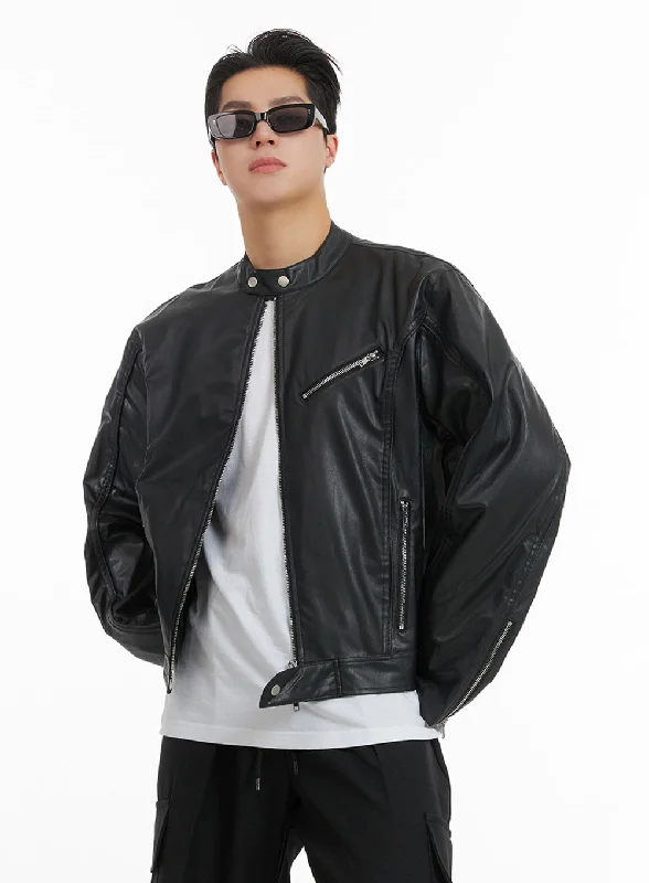 Solid Color Jackets for Simple -Men's Leather Biker Jacket IA401