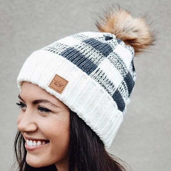 Retro cap with 80s-inspired color blocks -Black White Buffalo Plaid Fleece Lined Beanie Knit Winter Womens Hat