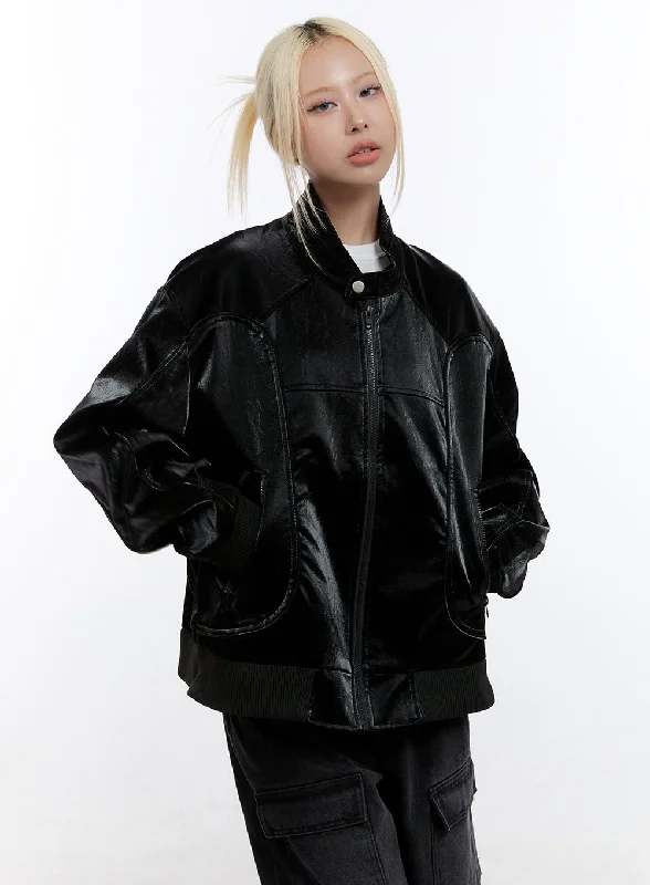 Designer Jackets for Luxury -Edgy Oversized Faux Leather Jacket CO423