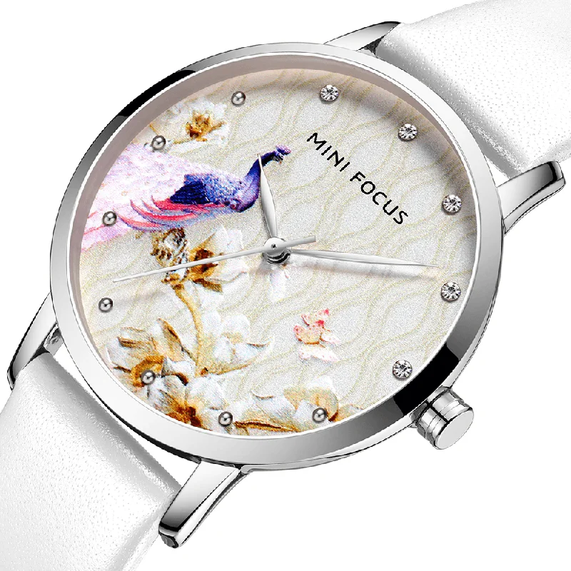 Mini Dresses for Garden Parties -MINI FOCUS MF0330L Fashion Women Peacock Flower Pattern Genuine Leather Quartz Watch