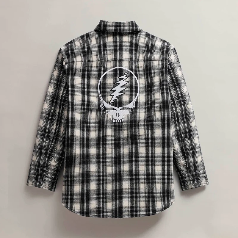 Appliquéd Jackets for Creativity -Women's Grateful Dead Sherpa Lined Plaid Shirt Jacket - Black/White