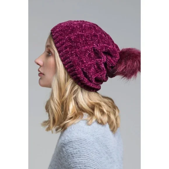 Lightweight cap for summer hiking trails -Burgundy Luxury Chenille Cable Knit Faux Fur Pom Pom Winter Beanie Womens Hat