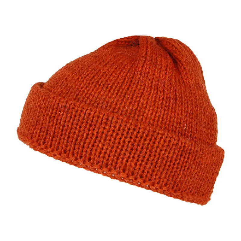 Warm wool cap for cold weather days -Highland 2000 Short Fishermans English Wool Beanie Hat - Burnt Orange