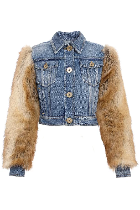 Ski Jackets for Winter Sports -Crop Denim Faux Fur Jacket