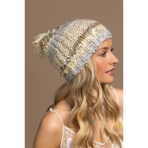 Trucker mesh cap for ventilated cool wear -Ivory Cozy Knitted Striped Pompom Winter Knit Beanie Women's Hat Casual Gift