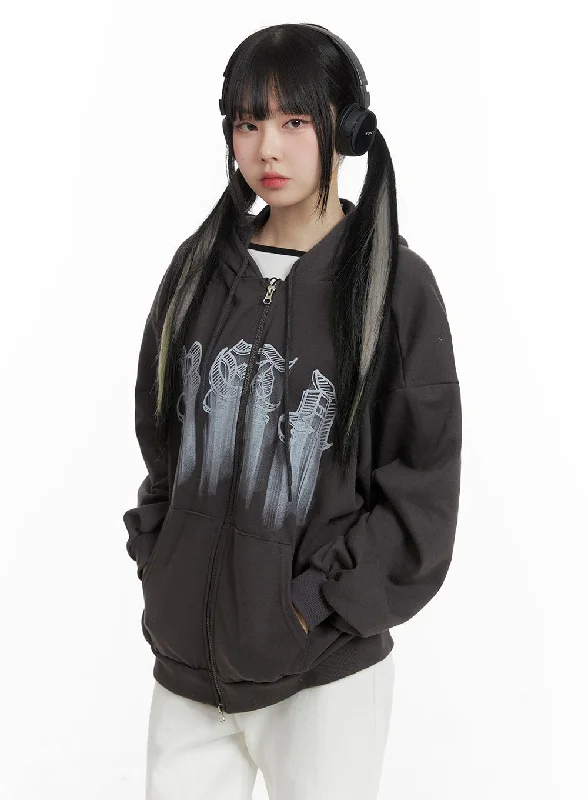 Varsity Jackets for Sporty Vibe -Graphic Lettering Oversized Hoodie Jacket OM426