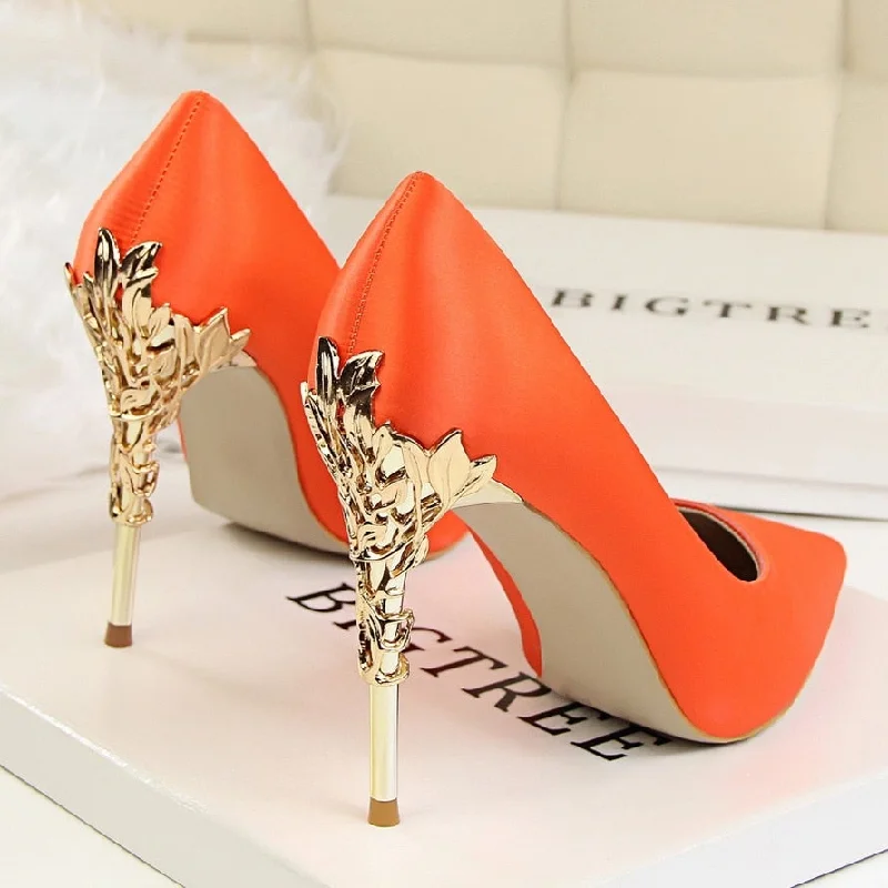 Ladies shoes with sleek sandals suit heat -Metal Carved High Heels Pointed Toe Thin Heel Fashion Party Pumps for Women