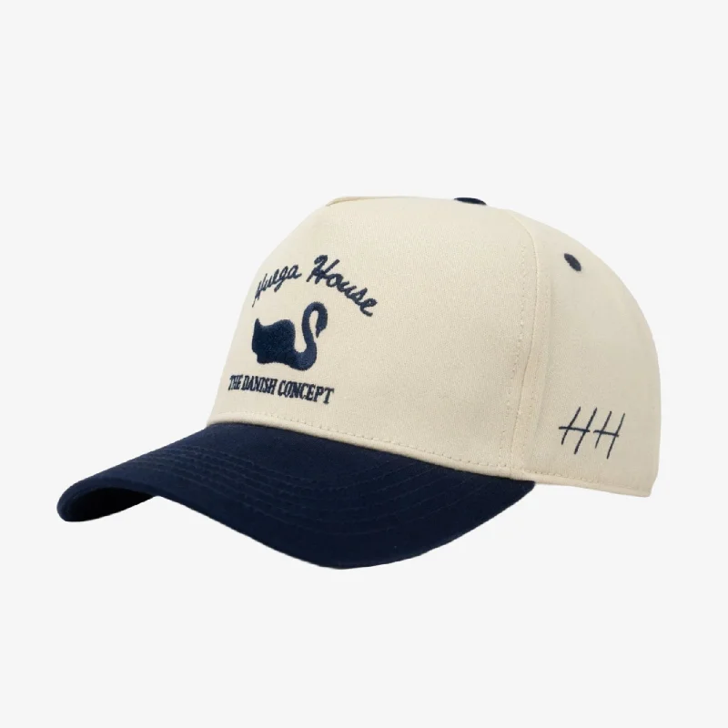 Classic cap with curved bill silhouette -Huega House 'Vintage Swan' 2-Tone 5-Panel Snapback Hat Navy Blue / Natural