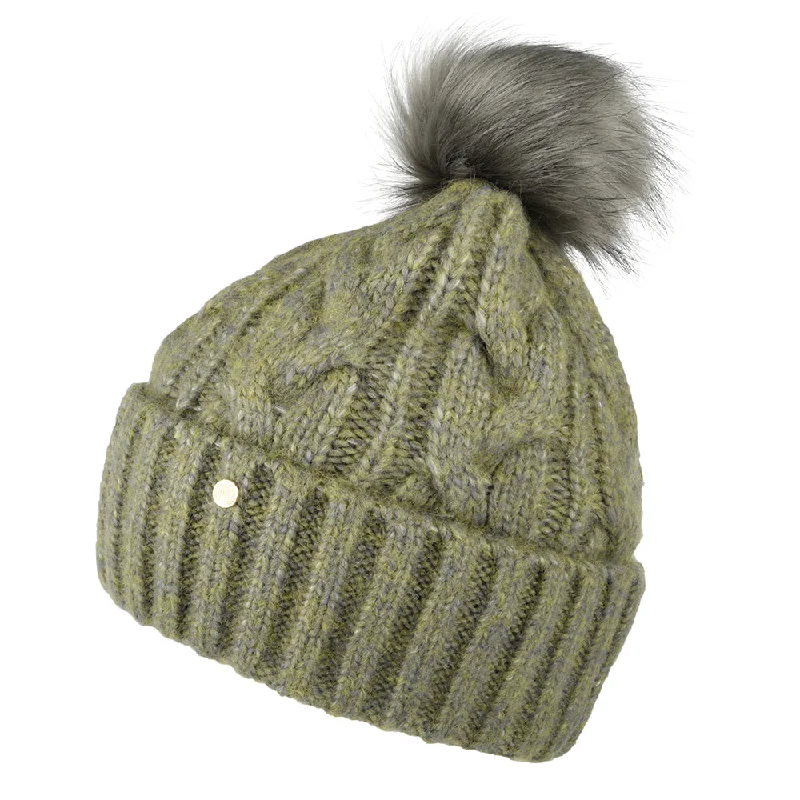 Minimalist cap with small stitched emblem -Failsworth Hats Amelia Faux Fur Pom Bobble Hat - Sage