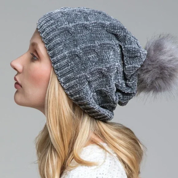 Canvas trucker cap for tough outdoor wear -Dark Gray Luxury Chenille Cable Knit Faux Fur Pom Pom Winter Beanie Womens Hat