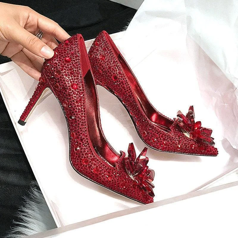 Ladies shoes with non-slip soles stay steady -Red Crystal Rhinestone Heel Pumps Shoes