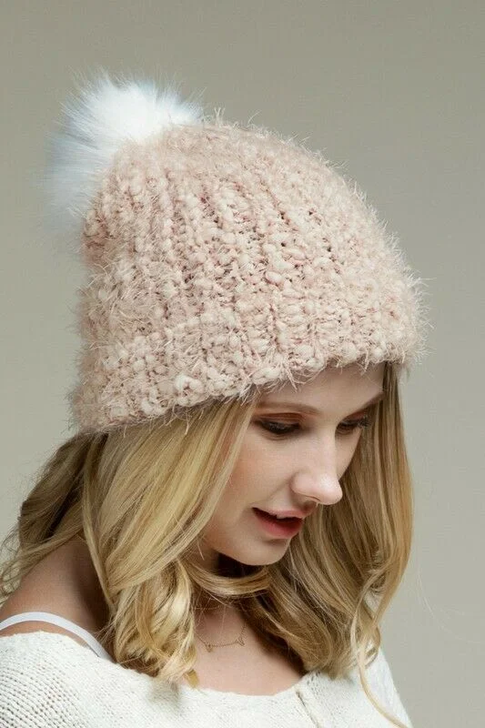 Wool blend cap for cozy fall fashion -Light Pink Eyelash Knit Beanie Foldover Band Faux Fur Pom Pom Womens Winter Hat