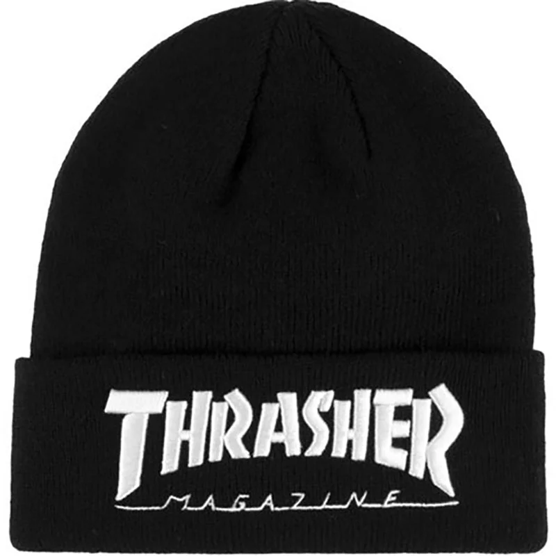 Sports team cap with bold logo front -Thrasher Skateboard Magazine Embroidered Logo Black/White Beanie