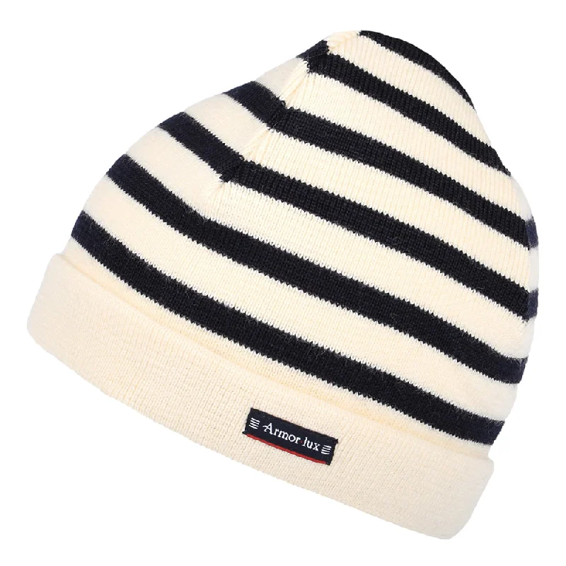 Embroidered name cap for unique personal touch -Armor Lux Lannion Striped Pure Wool Beanie Hat - Natural