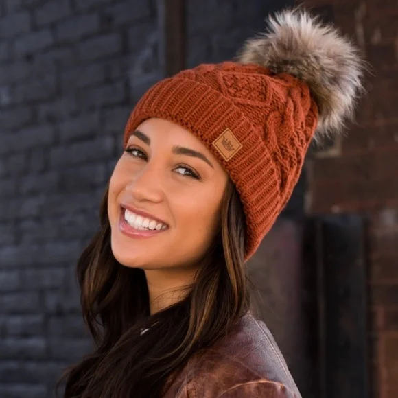 Camo trucker cap for outdoor adventure style -Rust Orange Cable Knit Faux Fur Pompom Fleece Lined Women's Winter Beanie Hat