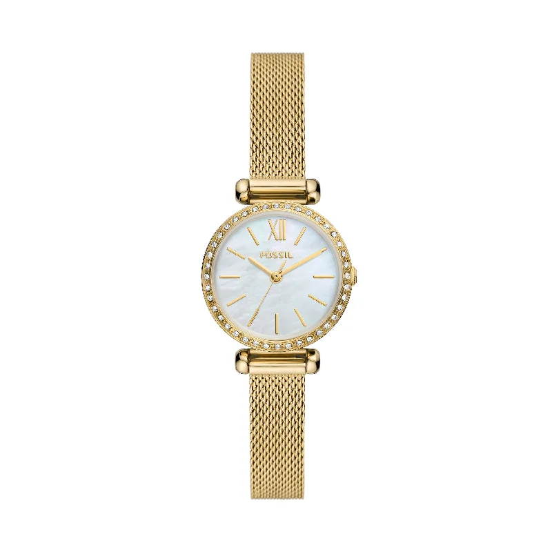 Blue Mini Dresses for Classic Style -Fossil Women's Tillie Mini Three-Hand, Gold-Tone Stainless Steel Mesh Watch