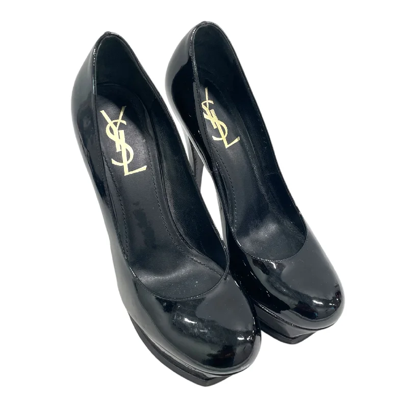 Classic ladies shoes in black suit everything -YVES SAINT LAURENT/Heels/EU 37.5/Leather/BLK/PATENT/GLD YSL LOGO/PUMPS