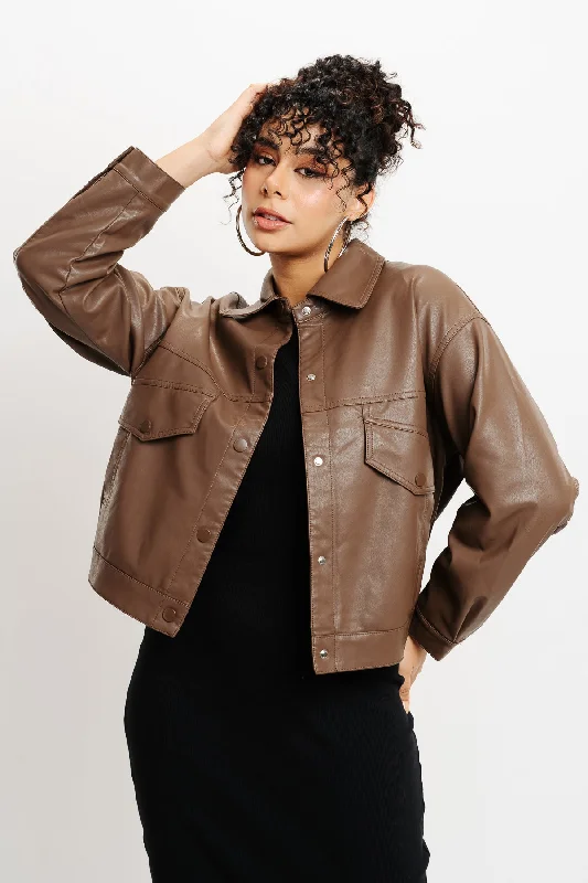 Workout Jackets for Fitness -Brown Boxy Leather Jacket