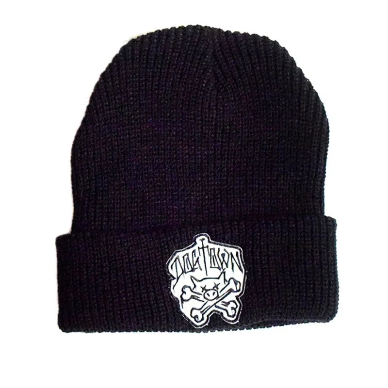 Soft cotton cap for all-day wear ease -Dogtown Skateboards Pig & Bones Patch Black Beanie