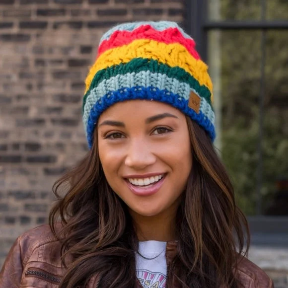 Classic cap with subtle tonal embroidery -Rainbow Striped Colorful Cable Knit Fleece Lined Beanie Women's Winter Hat