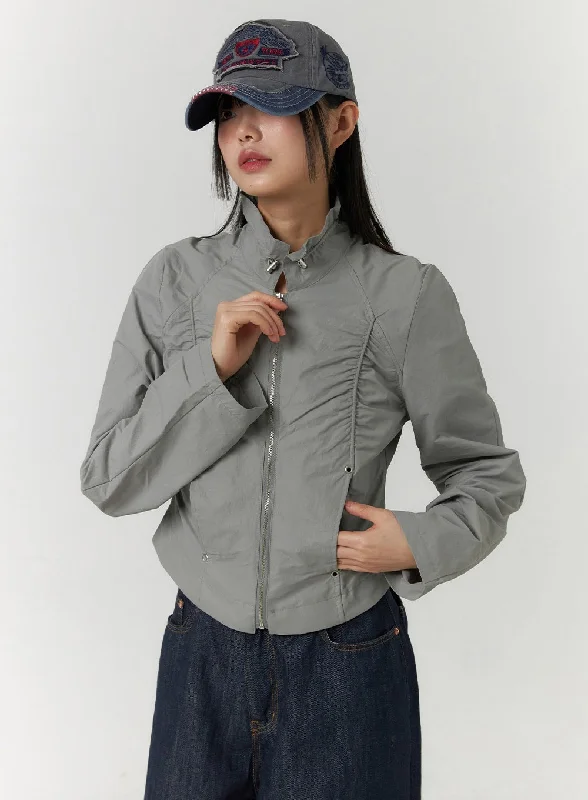 Waterproof Jackets for Outdoor -Crop Shirring Zip-Up Jacket CF407