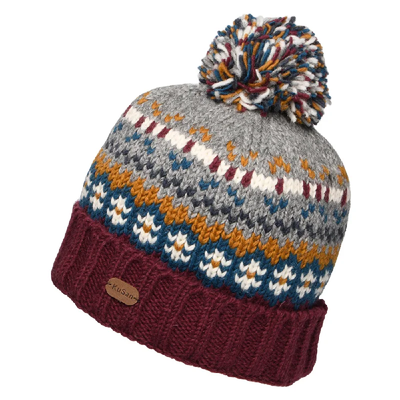 Designer trucker cap with signature brand patch -Kusan Mosaic Fair Isle Bobble Hat - Plum-Grey