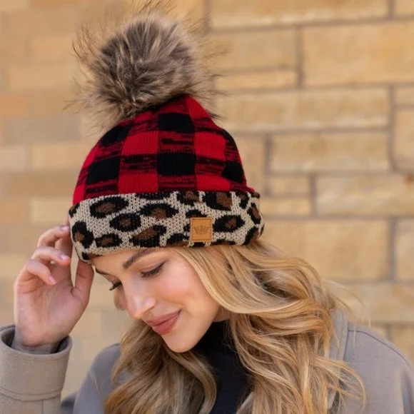 Classic black cap for versatile outfit pairing -Leopard Red Buffalo Check Faux Fur Pom Beanie