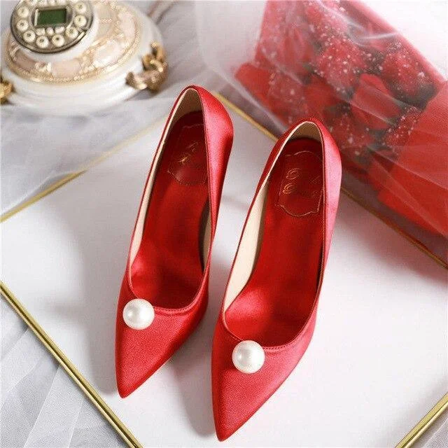 Ladies shoes featuring knit fabrics feel soft -Silk Pearl Wedding Heels Pumps Shoes