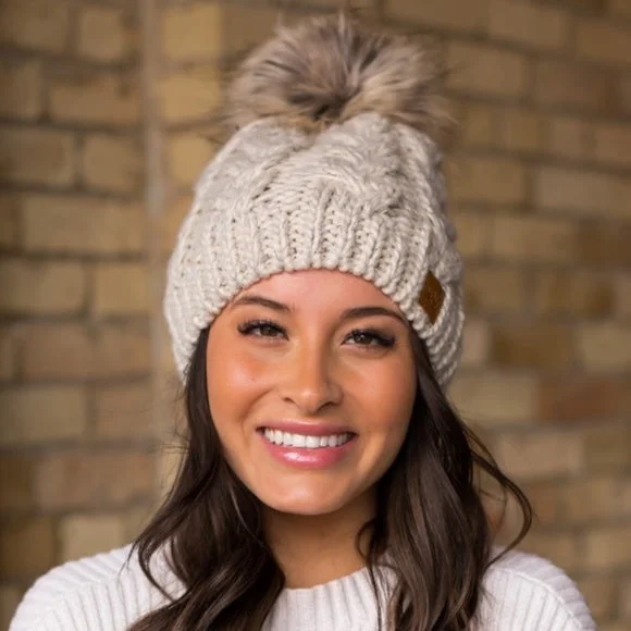 Classic navy cap for timeless wardrobe staple -Tan Cable Knit Faux Fur Pompom Beanie Fleece Lined Women's Winter Hat