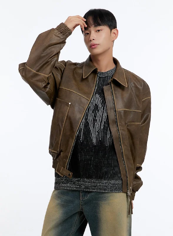 Wedding Jackets for Ceremony -Men's Washed Vintage Zip-Up Leather Jacket IS413