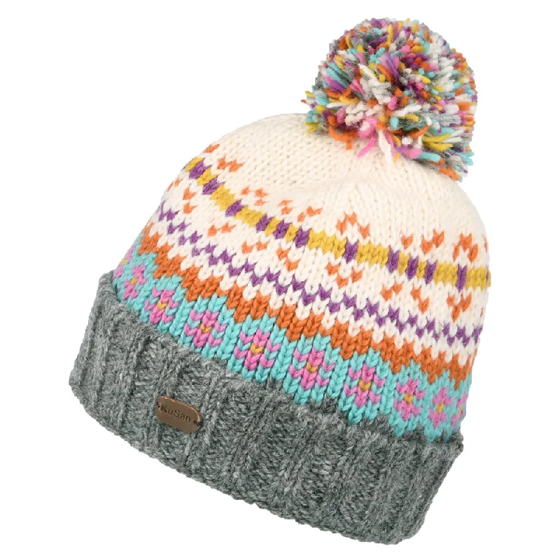 Washed cap with soft vintage feel -Kusan Mosaic Fair Isle Bobble Hat - Cream-Grey