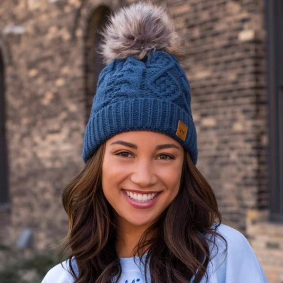 Premium snapback cap with flat bill design -Steel Blue Cable Knit Beanie Hat w/ Faux Fur Pompom Casual Winter Womens One Size