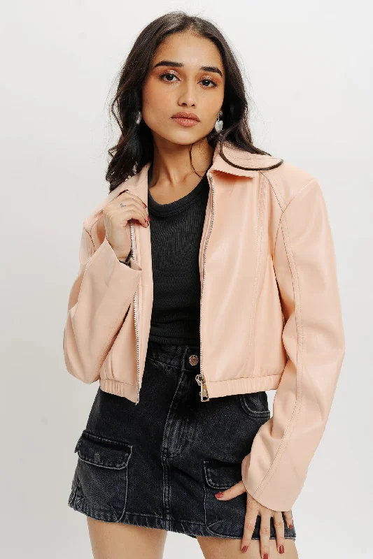 Embroidered Jackets for Detail -Pink Leather Jacket